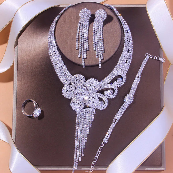Stonefans Luxury Tassel Chain Rhinestone Flowers Necklace Sets Fashion Crystal African Jewelry Sets Bridal Wedding Accessories