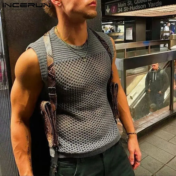 Men Tank Tops Mesh Patchwork Transparent Breathable O-neck Sleeveless Sexy Men Clothing Summer Fashion Vests S-5XL INCERUN