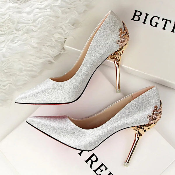 Spring Women Shoes Pointed Toe Pumps Dress Shoes 10CM Thin High Heels Boat Shoes Flock Frosted Metal Hollow Wedding Shoes