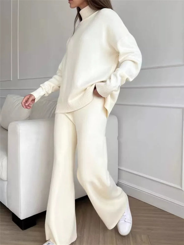 NX 2 Pieces White Women Sets Knitted Tracksuit Turtleneck Sweater and Straight Jogging Pants
