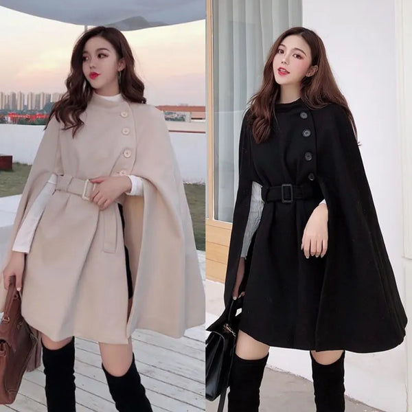 Autumn High Quality New Woolen Cloth Shawl Cape Poncho With Belt Women Mid-length Korean Sleeveless Casual Ladies Cape Coats