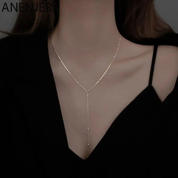 ANENJERY Silver Color Beads Chain Necklace for Women Simple Long Tassel Clavicle Chain Party Jewelry